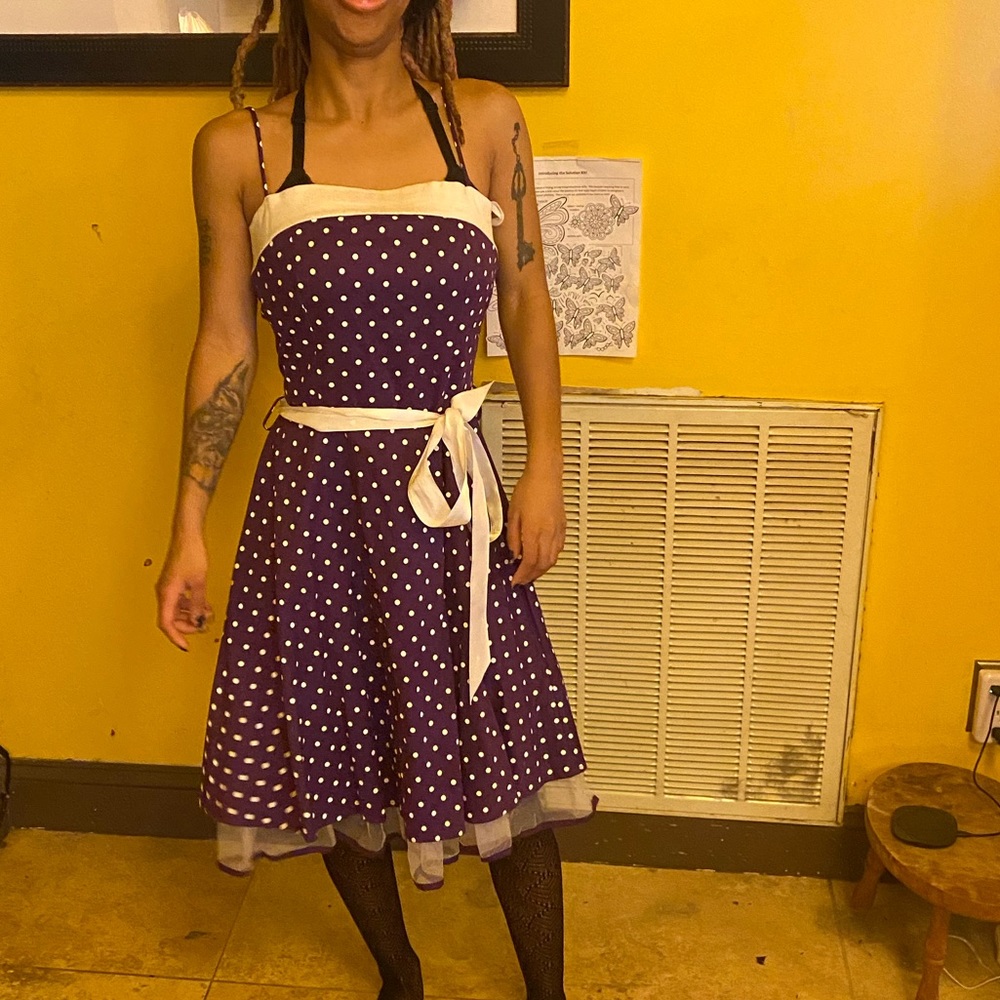 50s-60s Rockabilly Pin-up Swing Purple Polka Dress - Picture 2 of 8